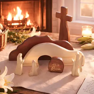 He is Risen Easter Decor Wooden Resurrection Scene with Empty Tomb Cross & Figurines Christian Religious Tabletop Decoration for Home Faith Easter Gift Easter Basket Stuffer