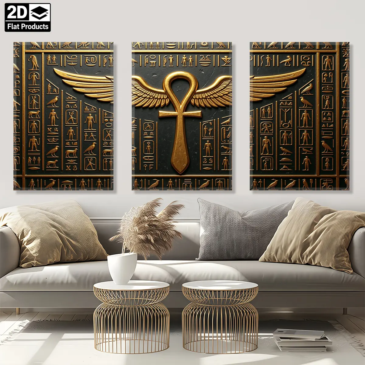 3-piece 2D decorative painting - Canvas painting - The image shows three scenes, one of which is Egyptian hieroglyphics and another is a winged golden Ankh symbol, with a black background. Affordable room decoration - Kitchen decoration - Picture - Autumn