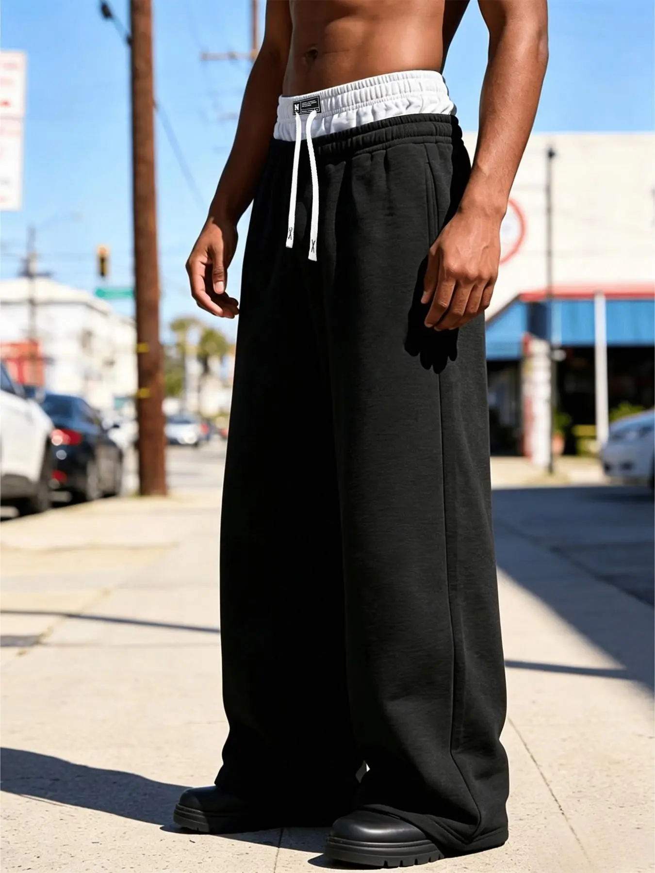 men's wide-leg loose sweatpants, Clothing, for TikTok, solid black jogger trousers featuring a contrasting double-layer white waistband, adjustable drawstrings with brand detailing, and large-capacity hidden side pockets. Crafted from thick, soft fabric