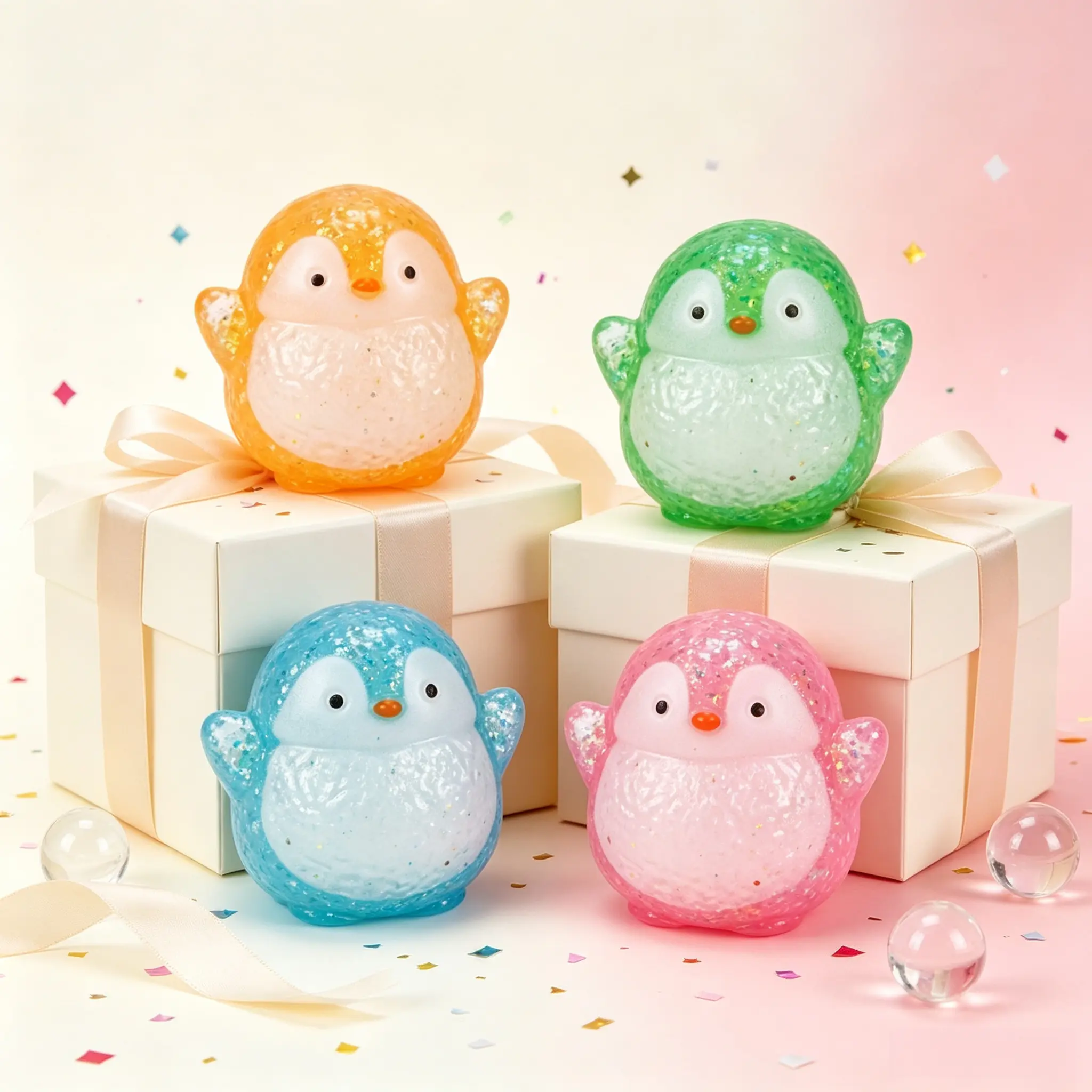 Pastel Shiny Glitter Maltose Penguin Squishy Soft Gel Animal Squeeze Toys, Portable Slow Rebound Stress Relief Fidget Sensory Toys for Kids Teens Adults Office Classroom Gifts