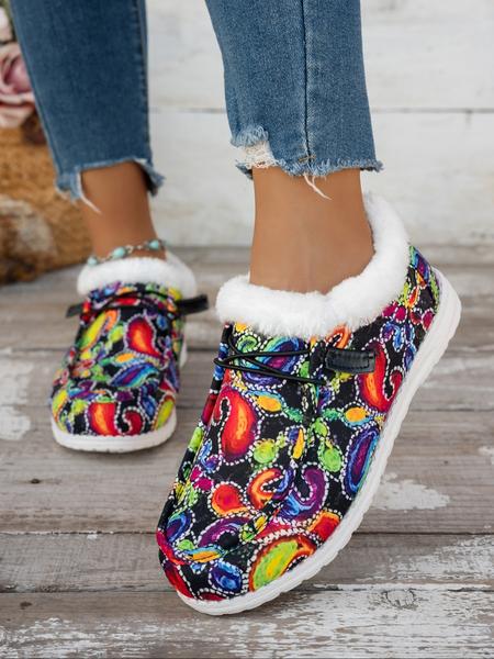 Women's Fall Winter Boho Style Slip-On Loafers, Round Toe Lace-Up Casual Shoes, Warm Textile Upper Eva Sole, Low Top Ankle Boots, Casual Fashion Shoes