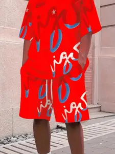 Minimally curved letter combination print, young men's summer set, outdoor jogging outfit, smooth and comfortable fabric