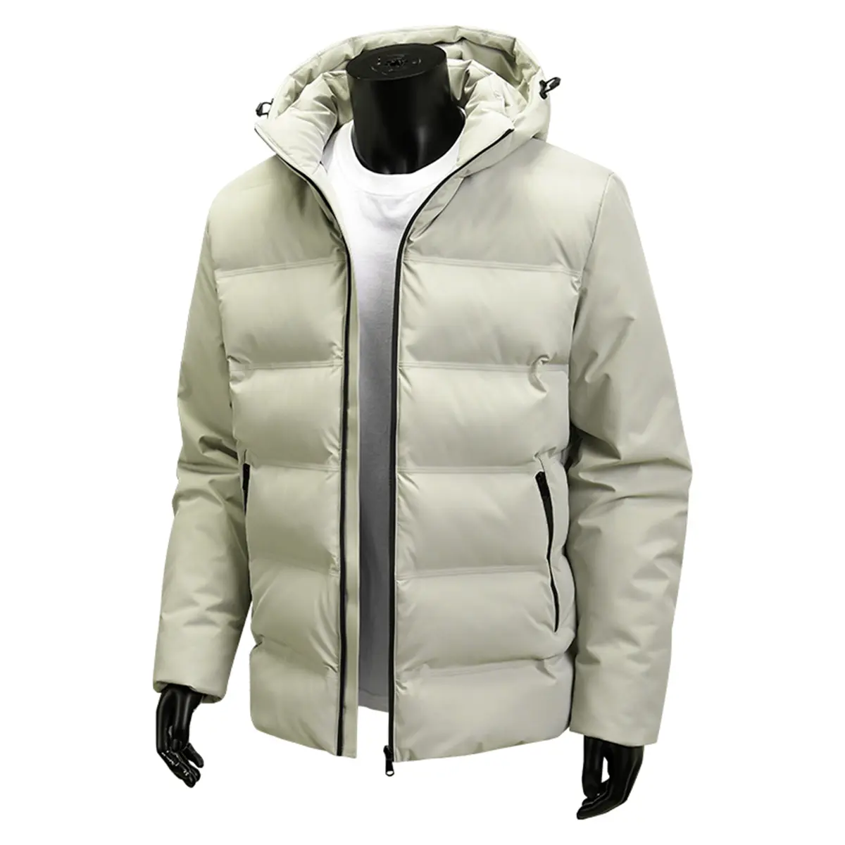 Men's Minimal Winter Light Beige Horizontal Quilted Hooded Insulated Puffer Coat - Windproof, Adjustable Hood, Anti-Drop Zipper, Side Pockets, Portable Light Warm Layering Outerwear for Frigid Days