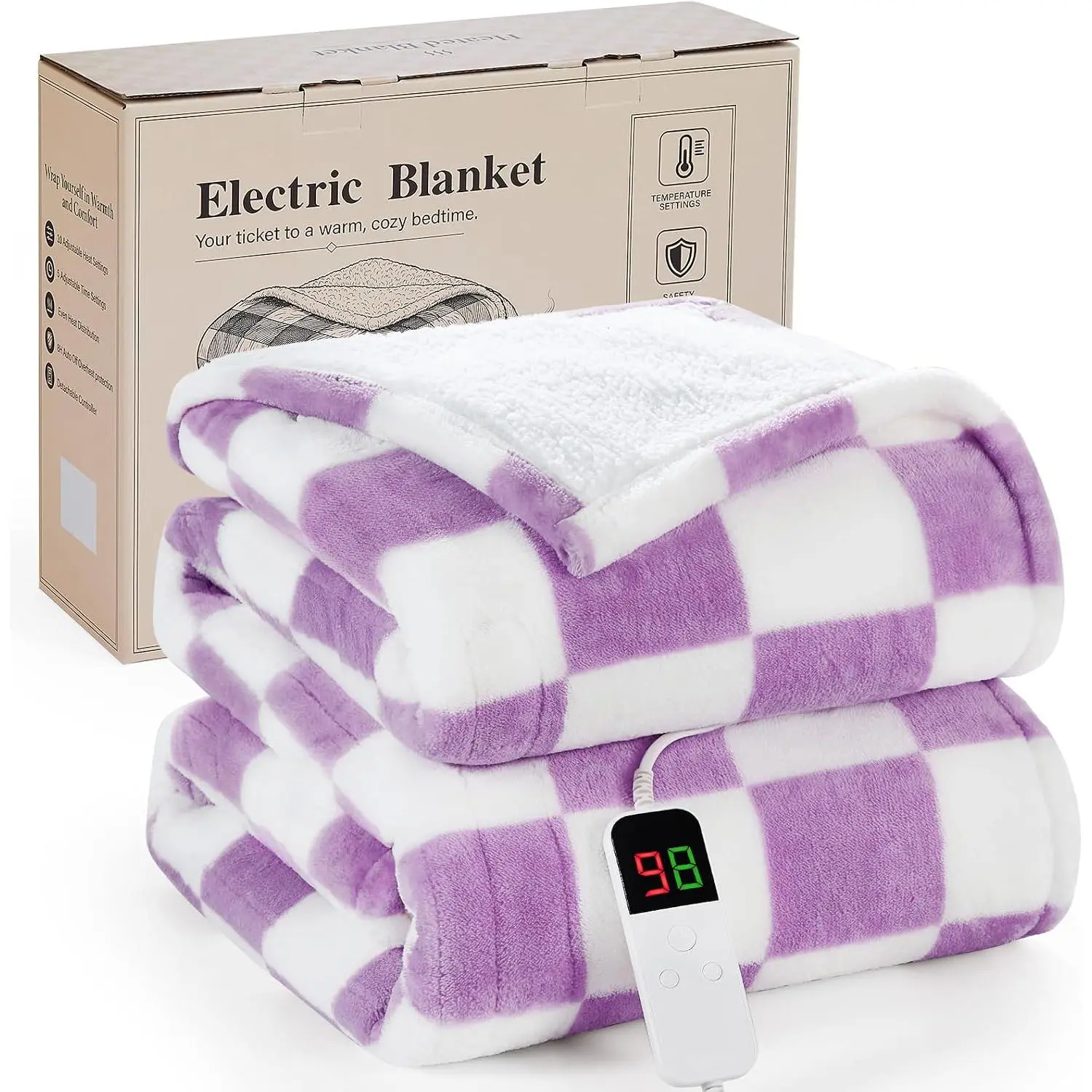 Light Purple Heated Blanket Electric Full Size 72X84, Heating Blanket Full |   Full size Blanket with Fast Heating&10 Heat Levels & 8 Hours Auto-Off, Checkered Flannel Sherpa, Gifts for Women Mom Her