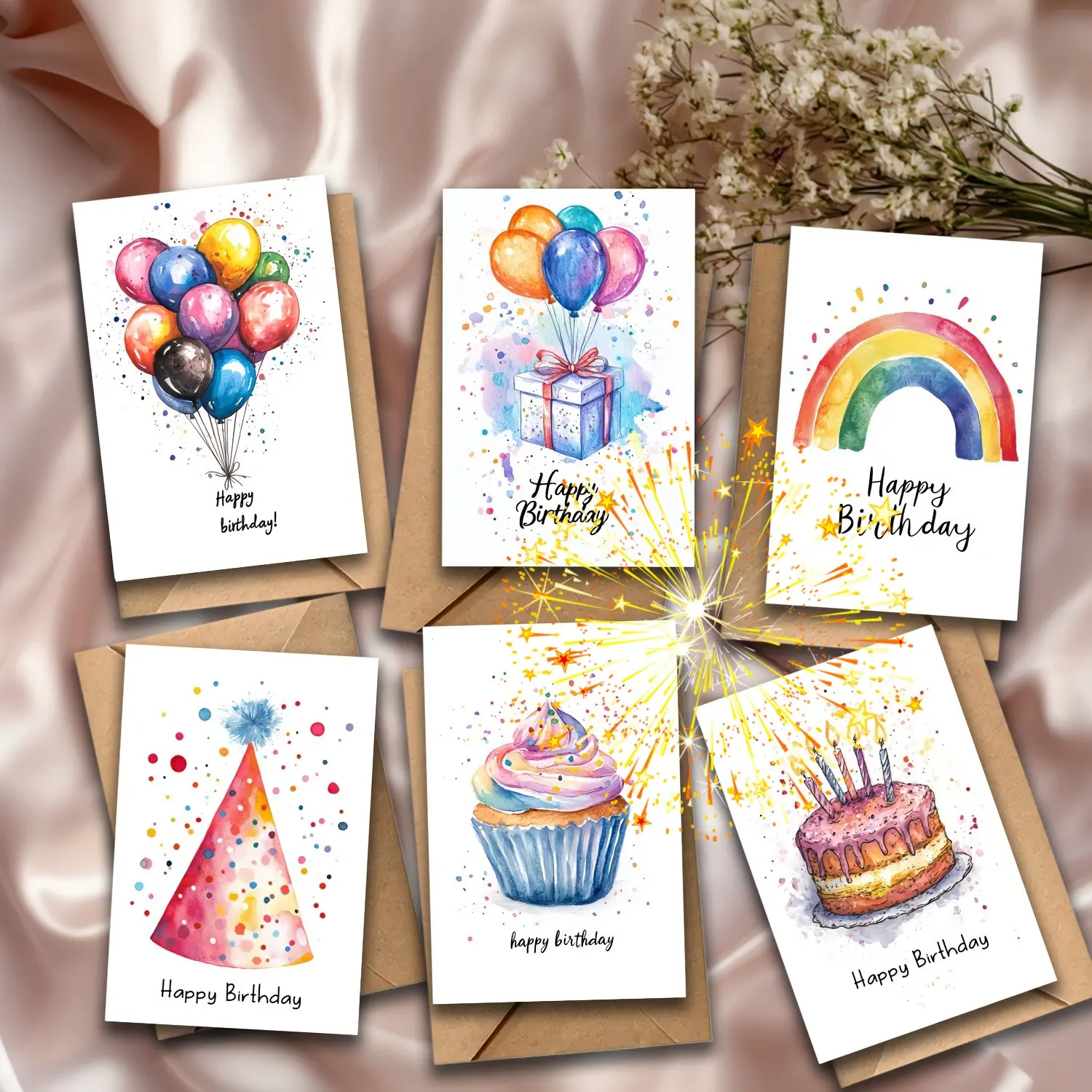 12pcs Birthday Cards and Envelopes, Happy Birthday Cards Bulk, Soft and Vibrant Colors, Elegant Cursive Messages, Blue, Balloons, Cupcakes, Rainbows