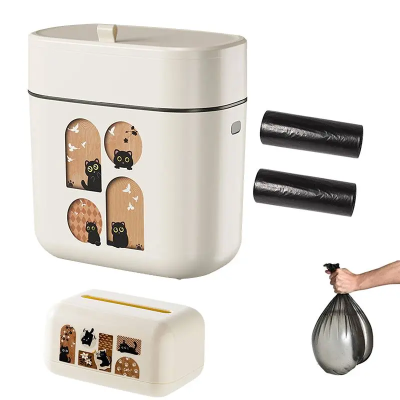 Wall-Mounted Trash Can Cute Cartoon Design 3 In 1 Kitchen Storage Pack  Adorable Kitten Decor Hanging Trash Bin + Napkin Dispenser + Thick Drawstring Garbage Bags For RV & Apartment