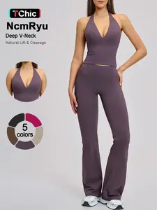 Women's Two-Piece Sports Set, Halter V-Neck Top with High-Waist Flare Pants, Breathable Stretch Fabric, 3D Fit, Slimming Effect