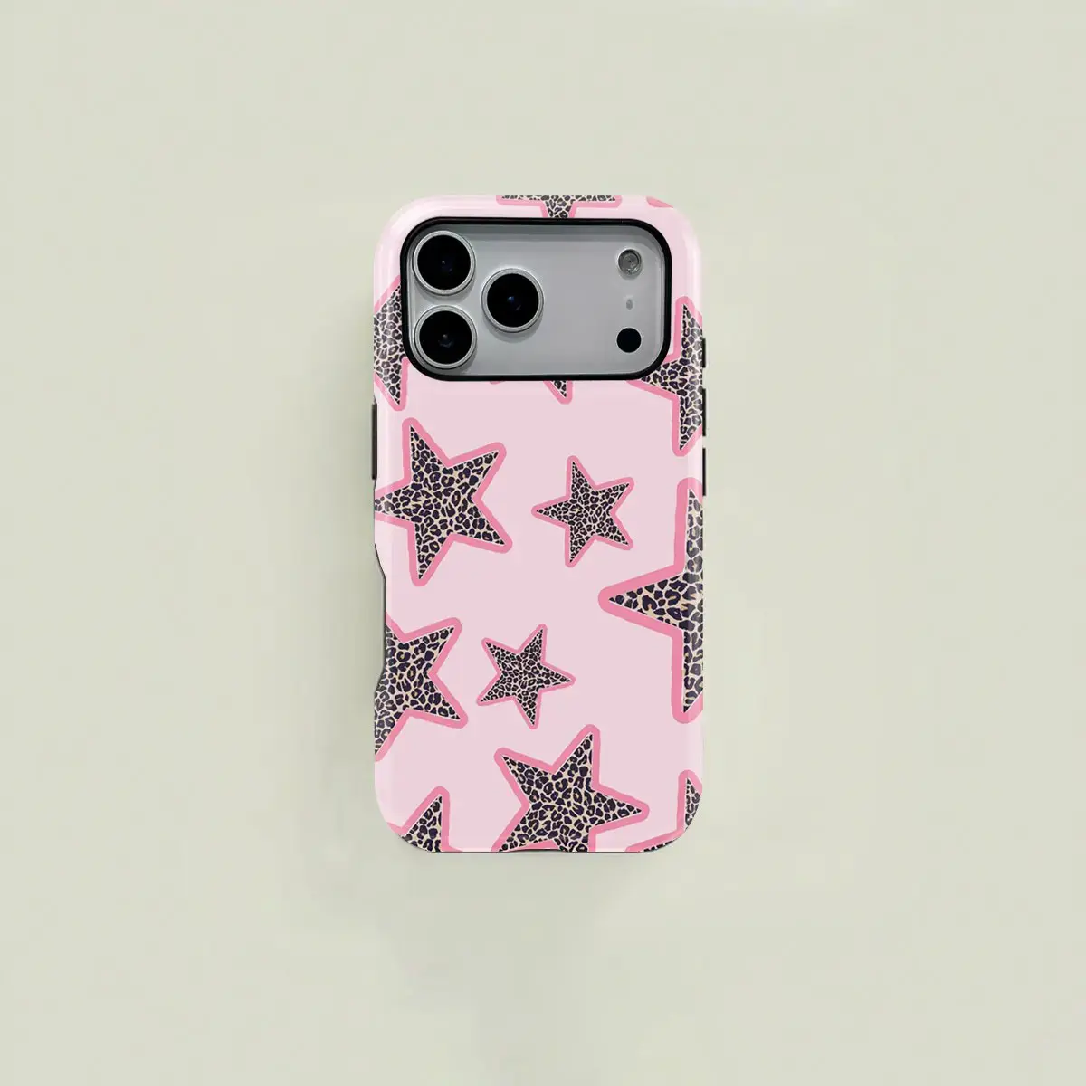 This pink, sweet, girl-style phone case features an adorable star and leopard print design. It's a durable 2-in-1 protective case, compatible with MagSafe, and works with iPhone 17/16/15/14/13/12/11 Pro Max/Plus/Pro. A simple and stylish phone case.