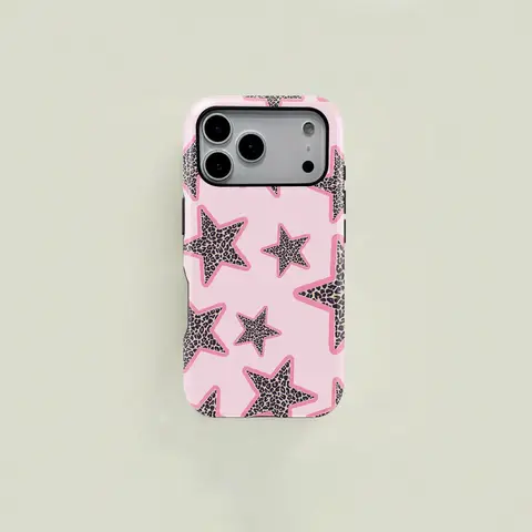 This pink, sweet, girl-style phone case features an adorable star and leopard print design. It's a durable 2-in-1 protective case, compatible with MagSafe, and works with iPhone 18/17/16/15/14/13/12/11 Pro Max/Plus/Pro. A simple and stylish phone case.