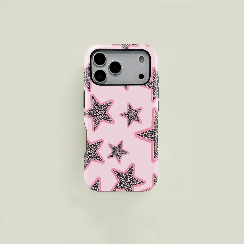 This pink, sweet, girl-style phone case features an adorable star and leopard print design. It's a durable 2-in-1 protective case, compatible with MagSafe, and works with iPhone 18/17/16/15/14/13/12/11 Pro Max/Plus/Pro. A simple and stylish phone case.