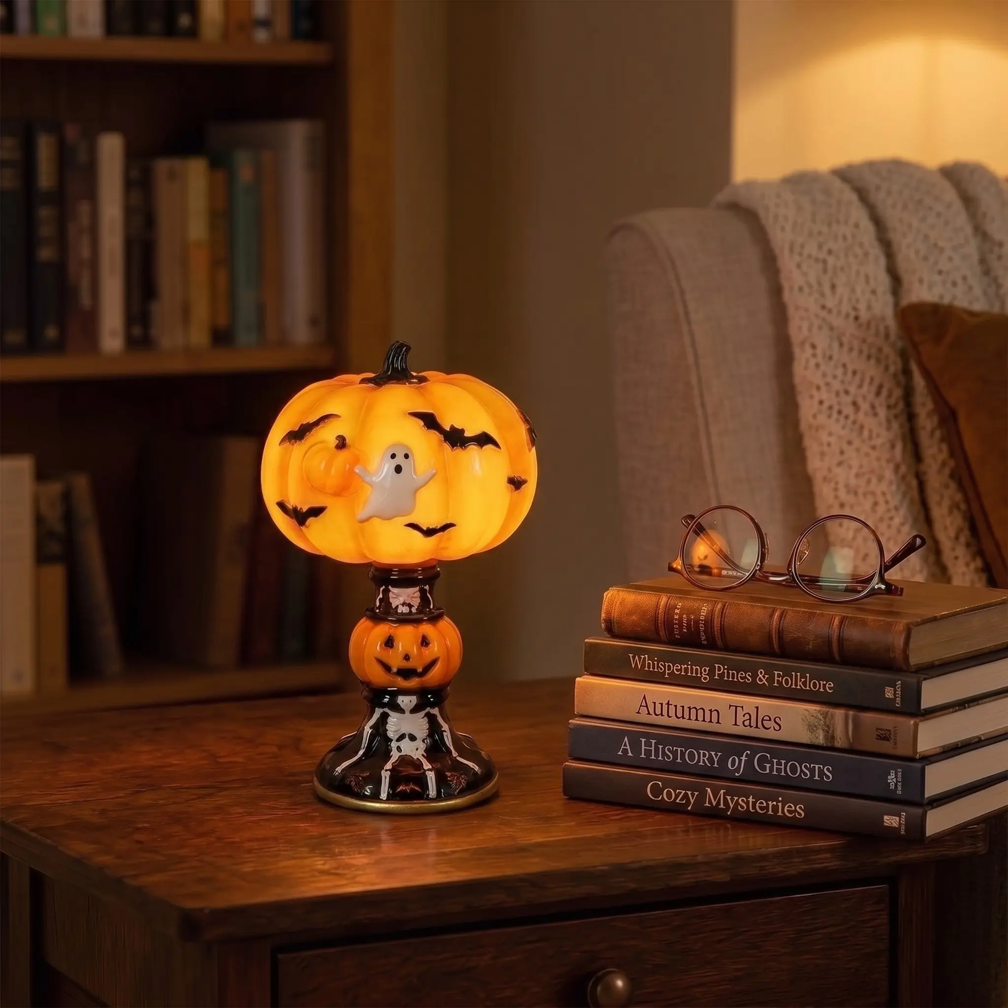 USB Gothic Stained Glass Night Light, Vintage Halloween Lamp with Warm Amber Glow, Spooky Decor for Bedroom & Desk