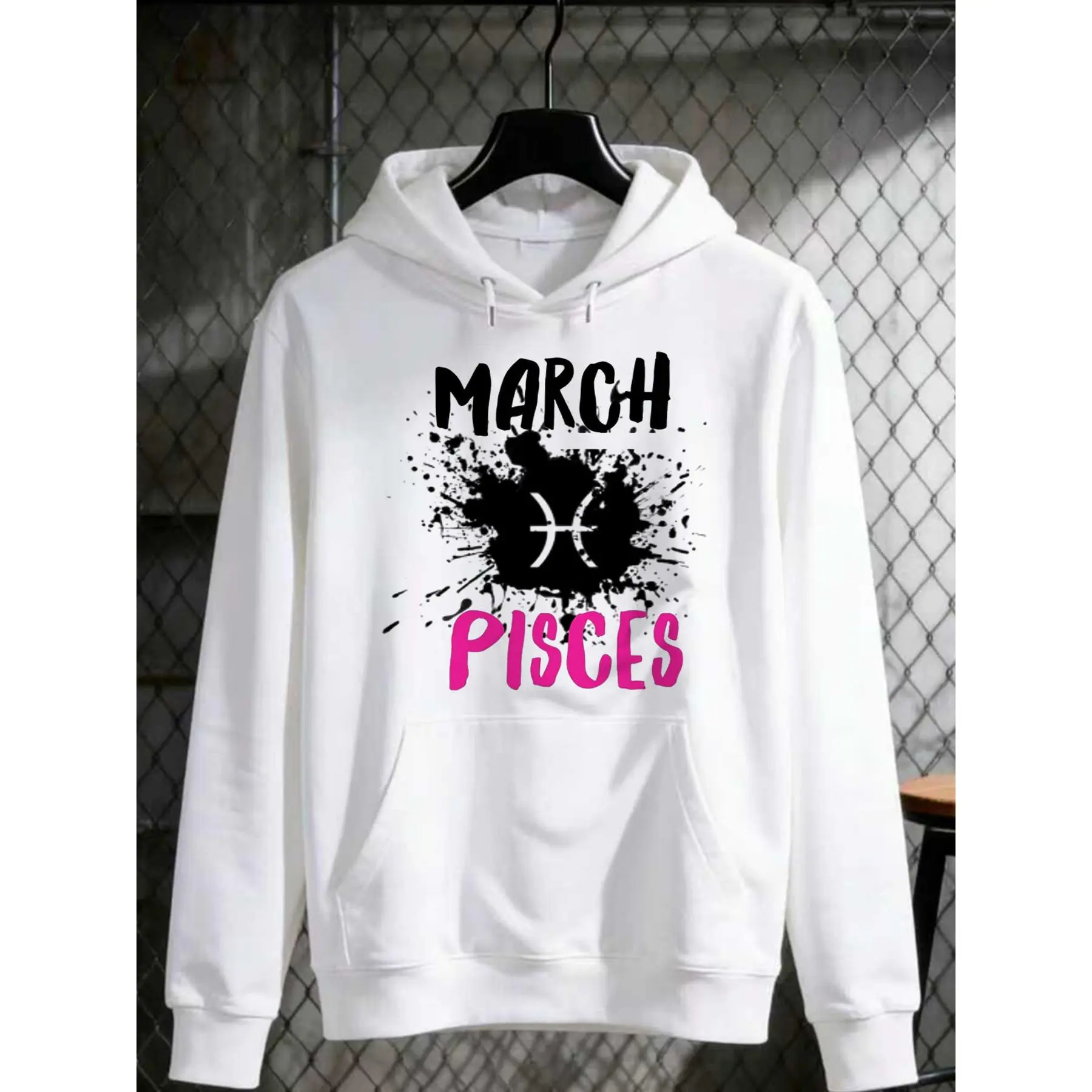 Digital Art March PISCES Black Ink Splatter Background White and Black Fish Symbol Bold Black and Pink Text Minimalistic Modern Design Street Trending Style Casual Love Lover Hoodie Men's Comfortable Round Neck Long Sleeve