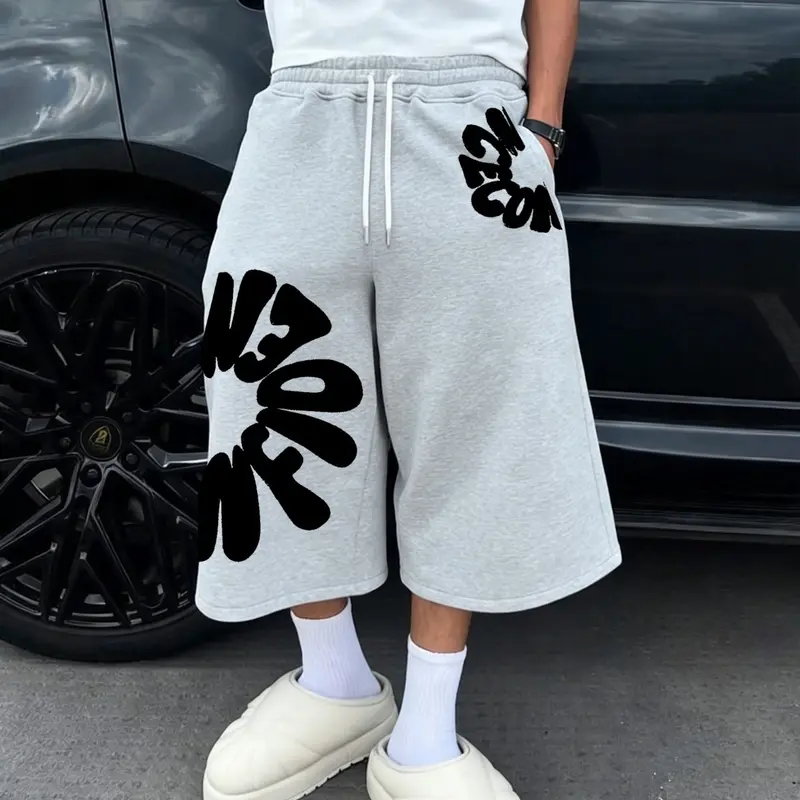 Men's Fashion Street Style Cropped Sweatpants Streetwear, Comfortable Breathable Premium Fabric, Loose-Fit Letter Print Baggy Bottoms for Daily Wear