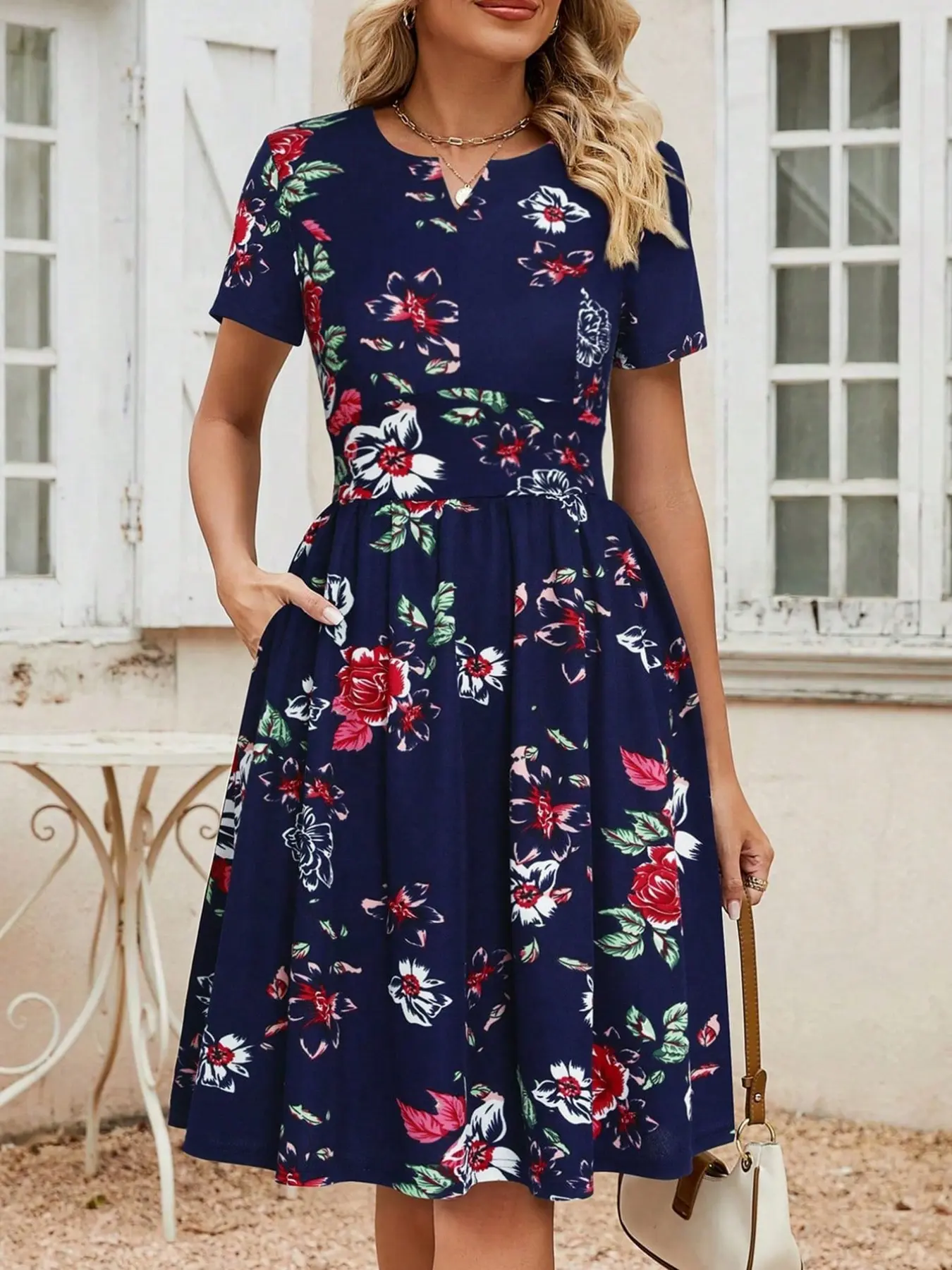 3 Colors Short Sleeve A-Line Dress, Retro All-Over Print, V Neck with Pockets, Casual Office Party Wear, Women's Fashion