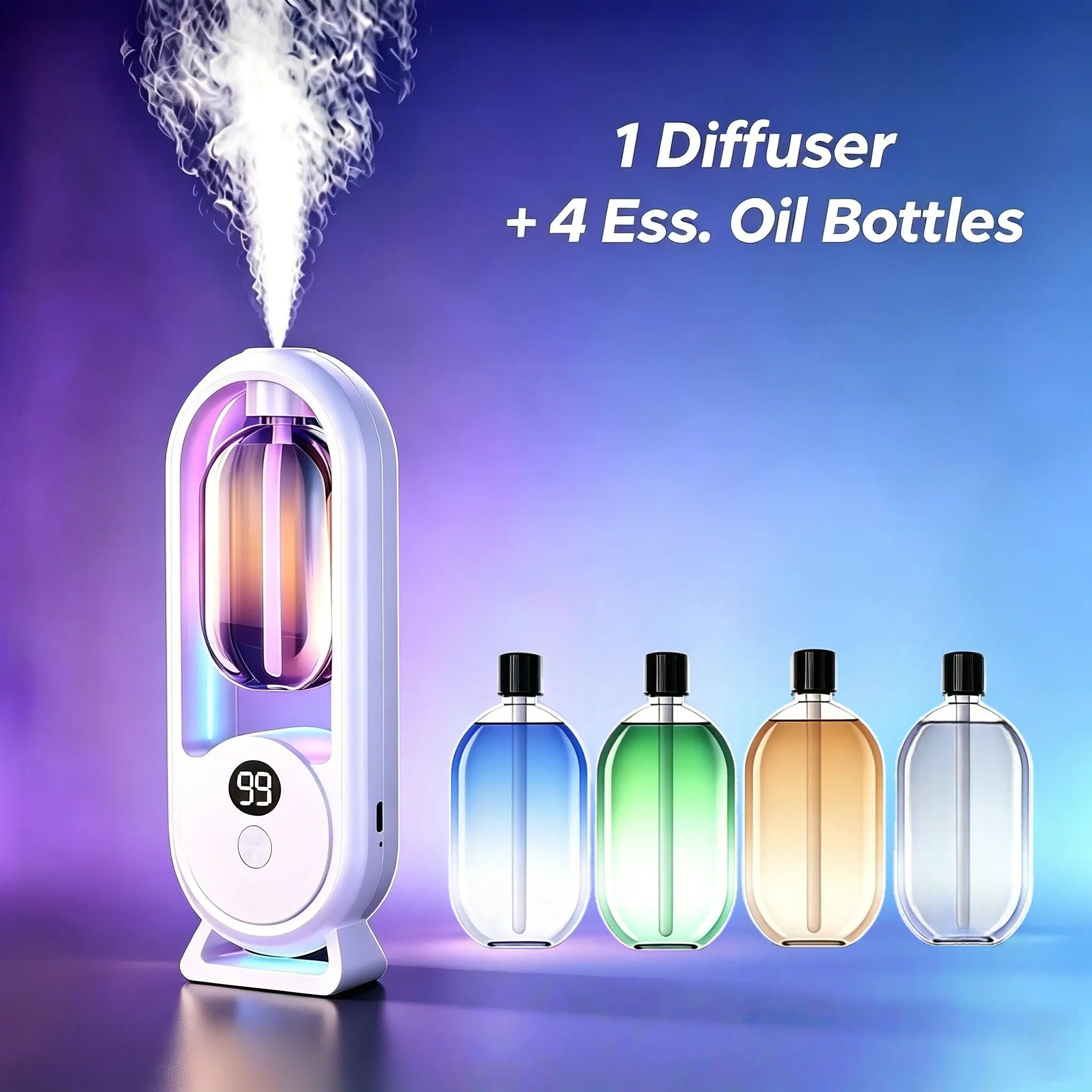 4 Bottles 50ML Aroma Essential Oil Set with Rechargeable Home Scent Diffuser, Non-Flammable Liquid, 160ML Capacity, Jasmine, Lavender, Gardenia Scents Fragrance