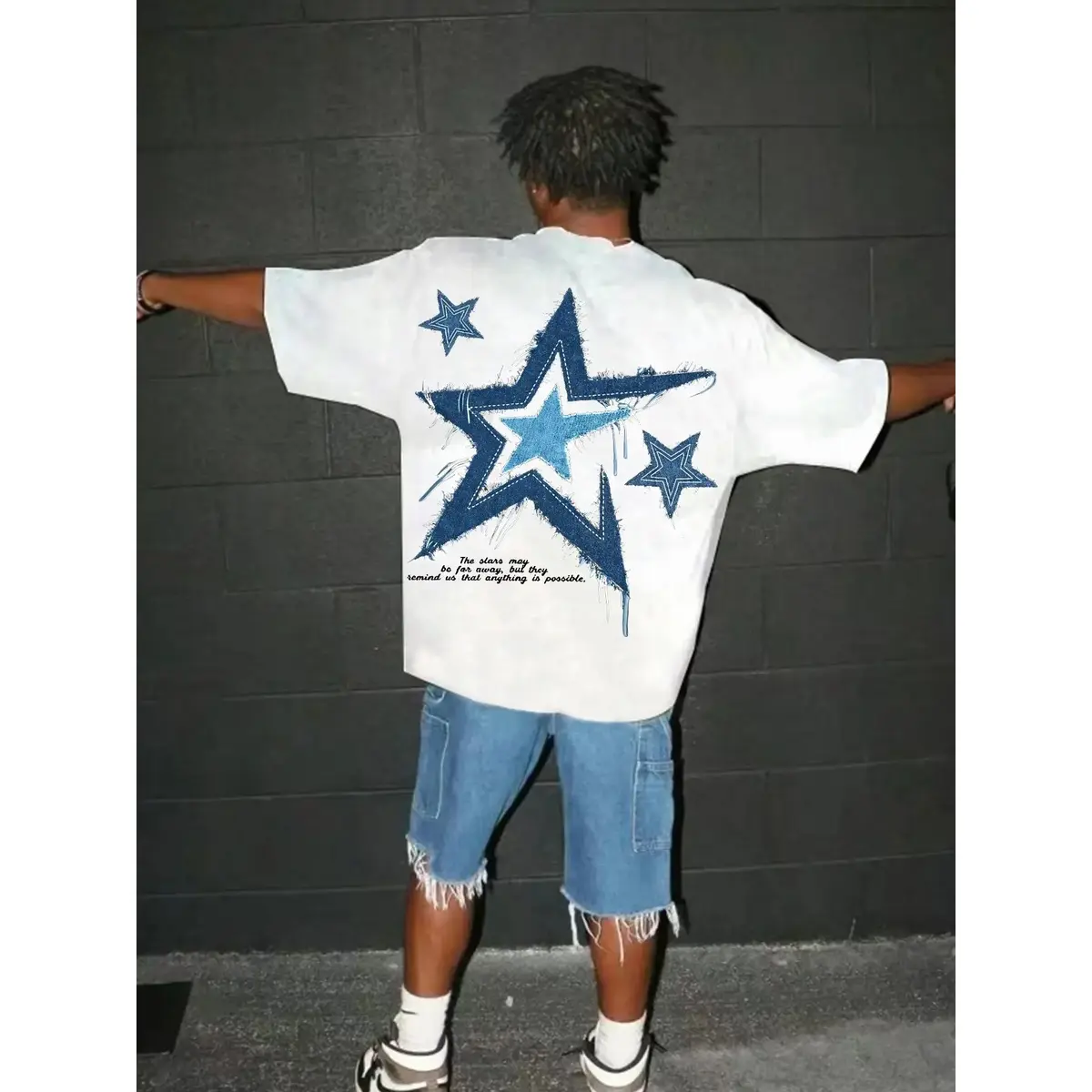 Unisex Vintage Denim Star Graphic Top, Drop Shoulder Short-Sleeve Tshirt, Motivational Quote Aesthetic Casual Tee, Cotton