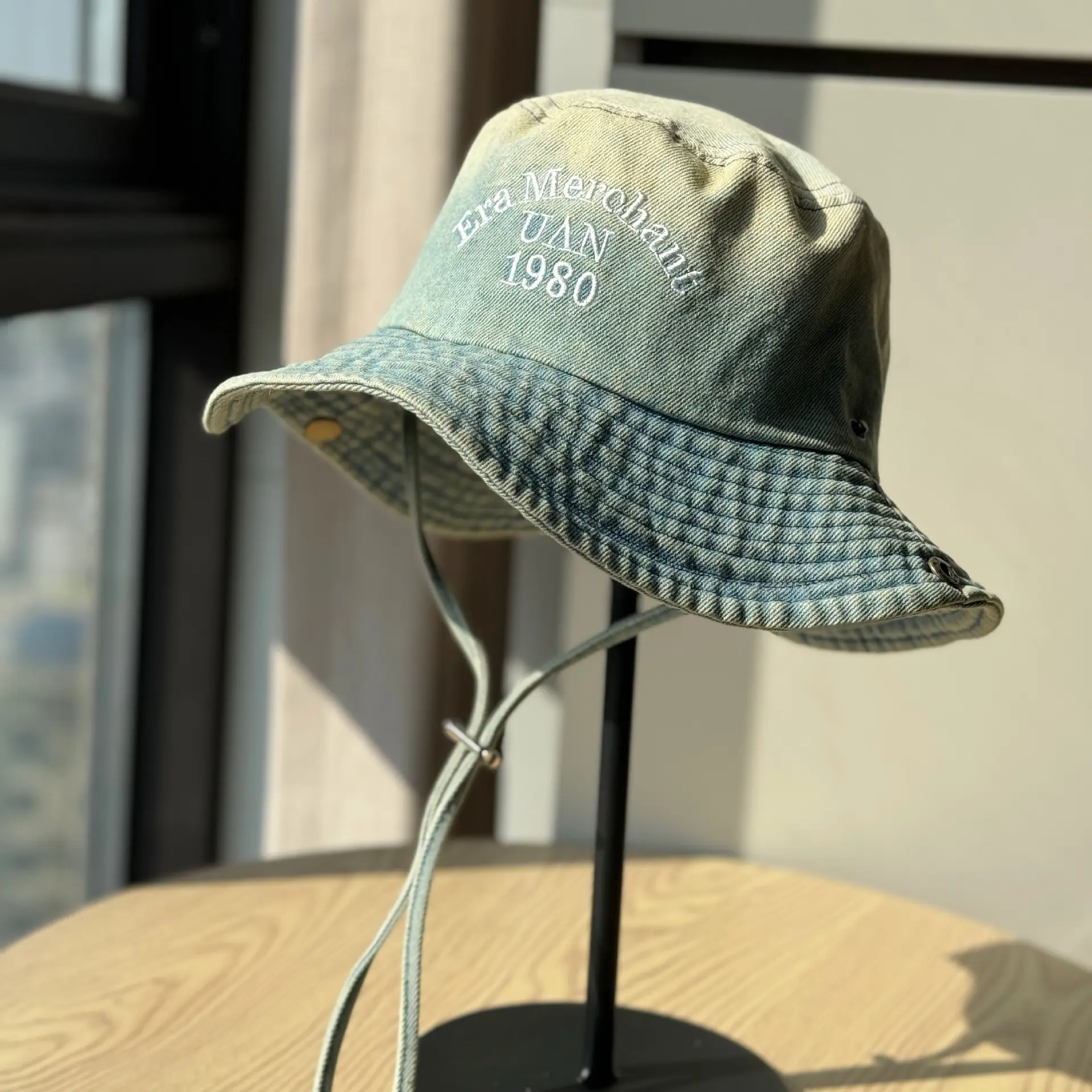 Unisex Vintage Washed Cotton Denim Bucket Hat - Embroidered 1980 Letter, Adjustable Size Drawstring Cap, Retro Streetwear Gorpcore Headwear for Summer Beach Travel, Embroidery