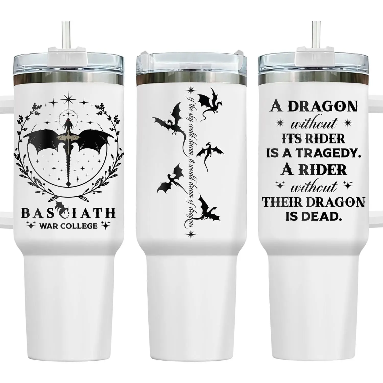 "A Dragon Without Its Rider" Quote Flying Dragon 40oz Handle Stainless Steel Insulated Tumbler, War College Book Themed Travel Coffee Mug with Straw, Halloween Christmas Gift for Book Lovers Men Women Fantasy Readers, Reusable Hot Cold Drink Cup for Daily