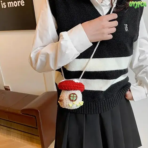 Handmade Crochet Mushroom House Mini Crossbody Bag,Stylish Portable Mini Sling Bag Cute 3D Cartoon Knitted Drawstring Purse, Soft Yarn Sling Bag for Kids Girls Cottagecore Fairy Daily Outdoor Play Party Outfit Purses Crossbody Bag,boho knotless braids