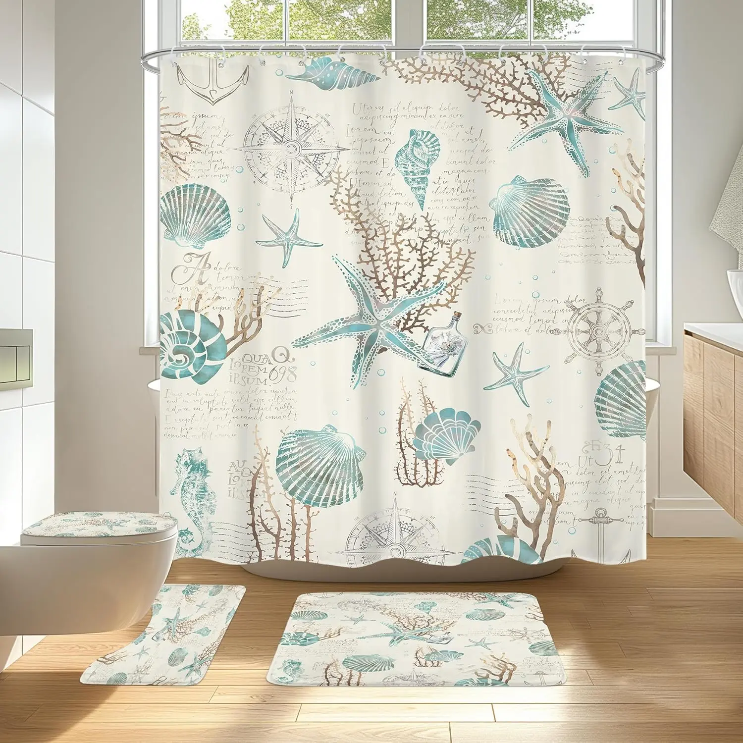 Waterproof Flannel Nautical Bathroom Set, 4Pcs Starfish Seashell Shower Curtain with 12 Hooks, Beige Coastal Coral Vintage Anchor Decor Includes Bath Mat, Toilet Lid Cover, Rugs & Accessories, Water Proof