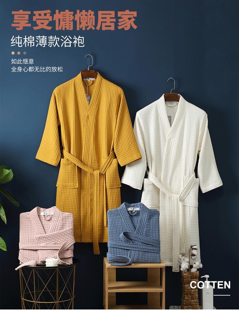 In-stock pure cotton bathrobe, thin spring/summer long waffle robe for hotels and beauty salons, available for direct shipping