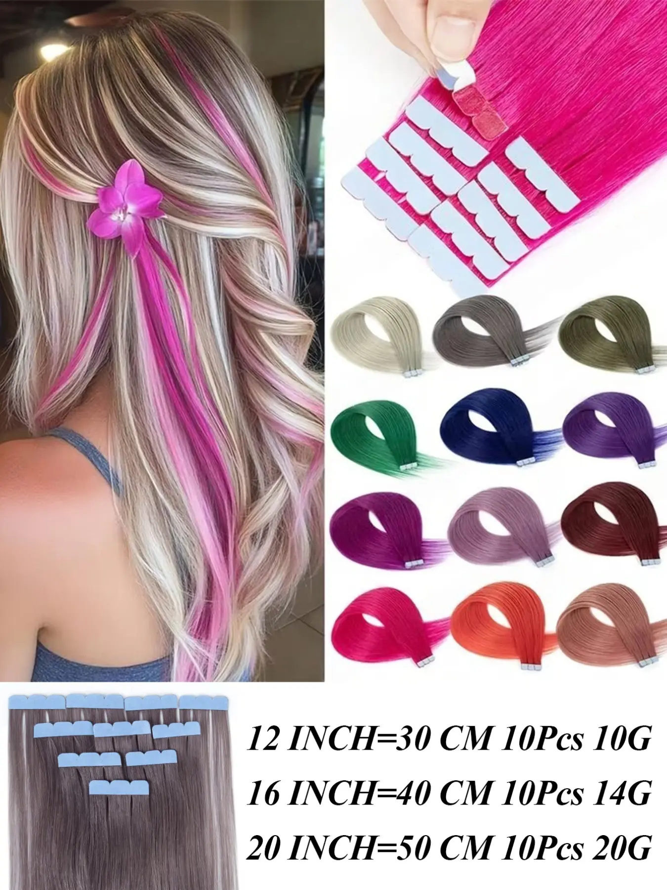 10Pcs, Hair Pieces Extensions, Mini Tape ins Hair Extension, Multi-Color Real Human Hair, Invisible Seamless Design, No Residue Glue, Mini Tape Straight Colored Hair Extensions For Women Perfect For Bridal Hairstyles, Easy DIY Hair