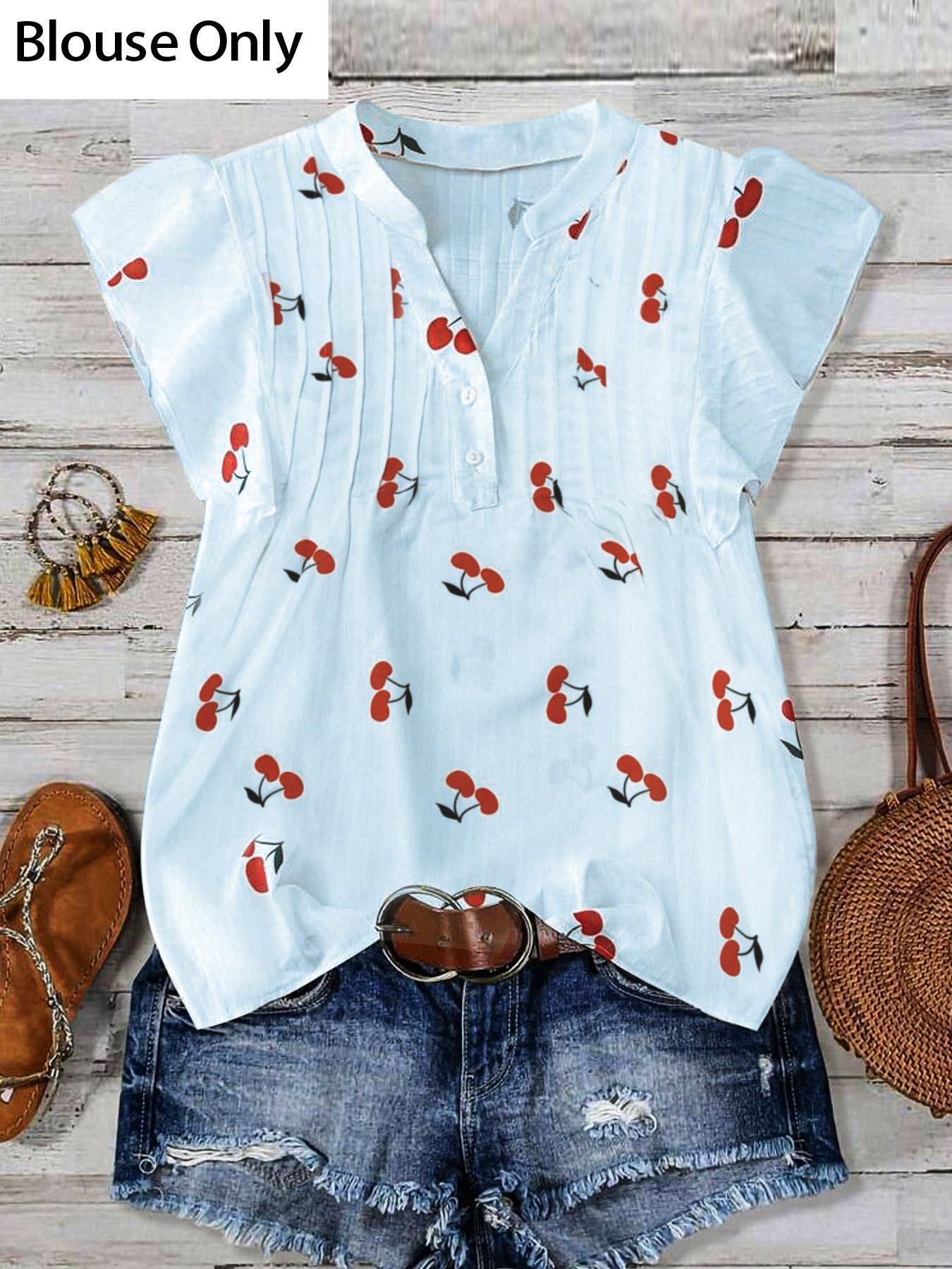 【Plus Size】 Cherry Print Blouse, Casual Short Sleeve Top for Summer, Women's Plus Clothing for Daily Wear