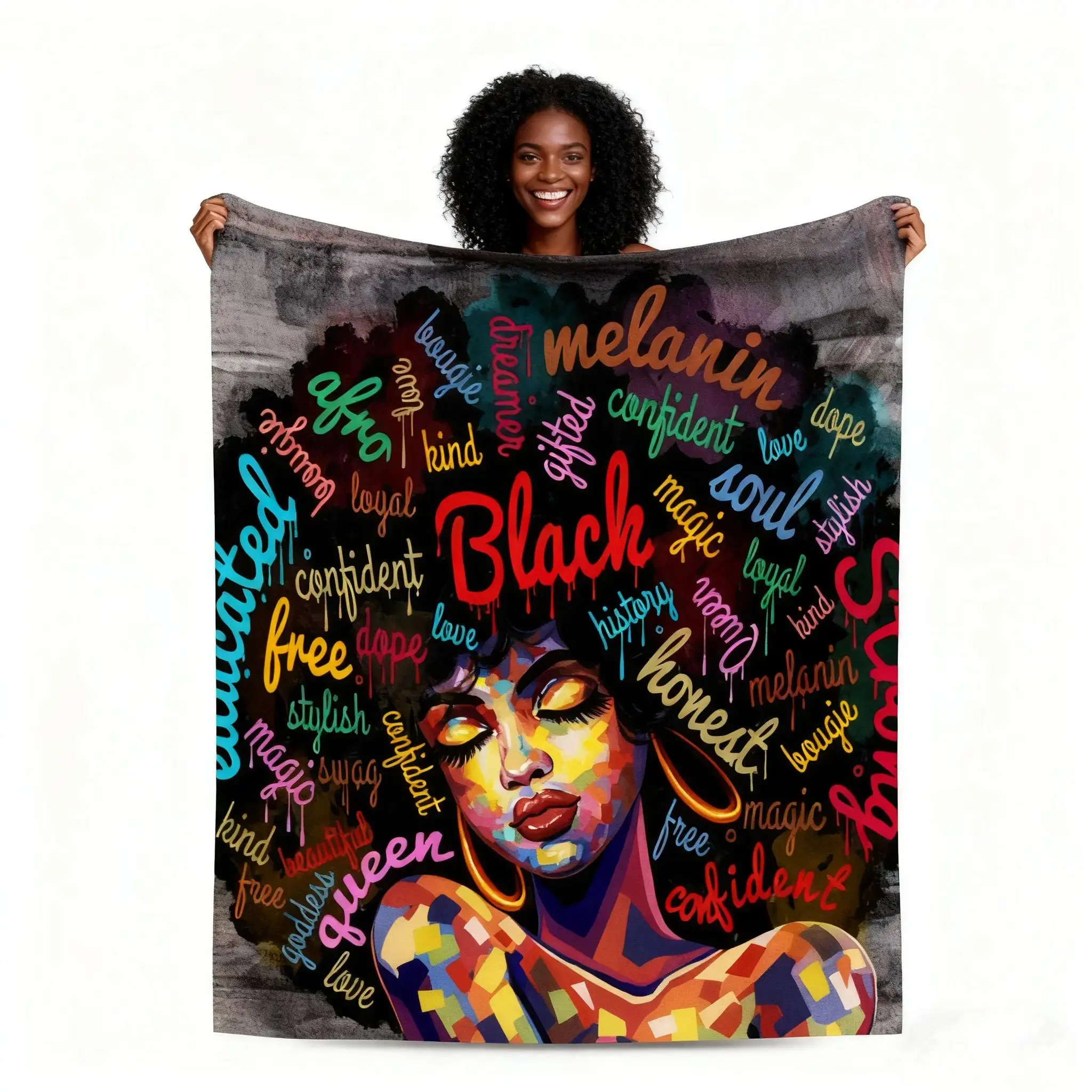 African American Black Girl Flannel Throw Blanket, Breathable Warm Fluffy Soft Bedding Throw Blanket, For Bedroom Sofa Couch Travel Camping, Decorative Gift Blanket for Women Birthday & Home Bedroom Decor