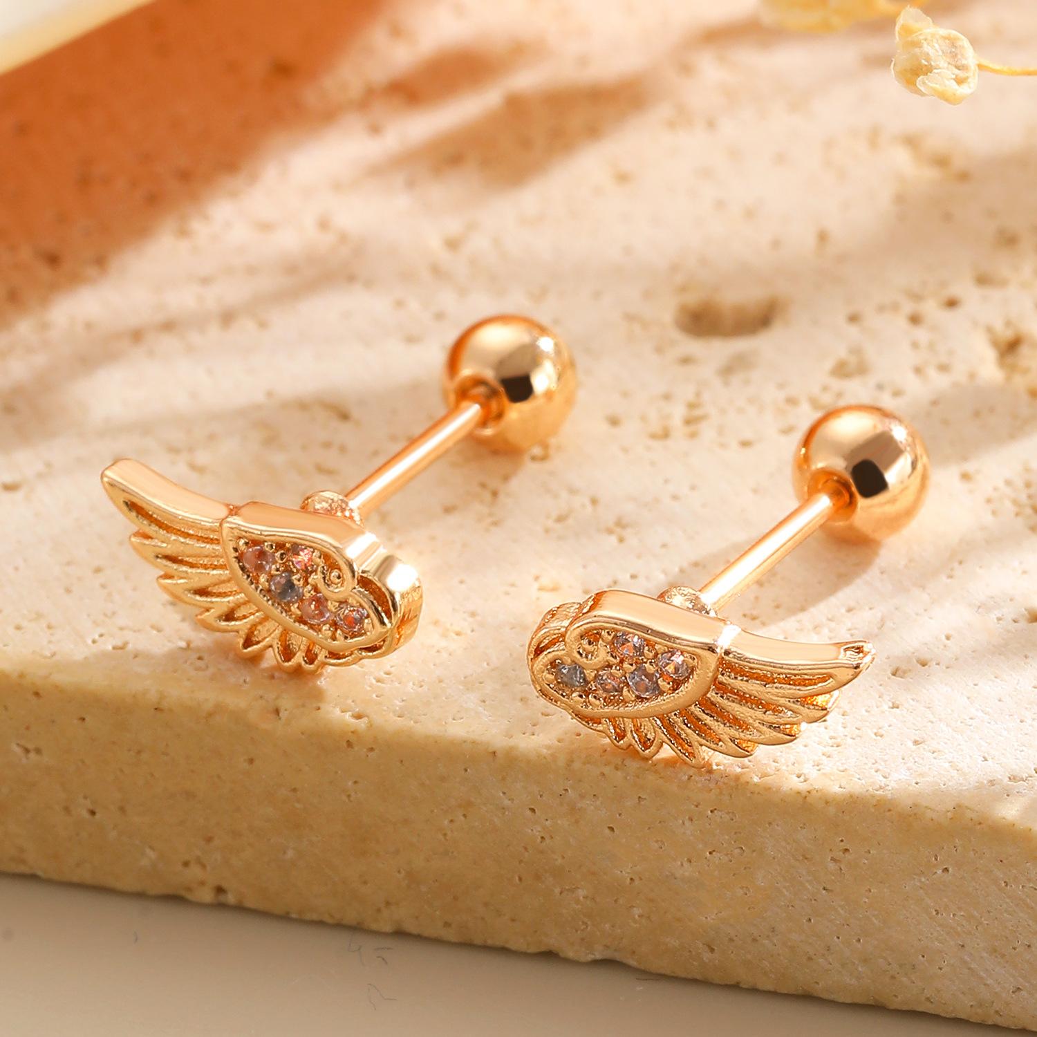 Angel Wings Design Couple Cartilage Piercing Ear Studs, Sweet and Cool Hot Girl Style Micro Inlaid Zirconia Earrings