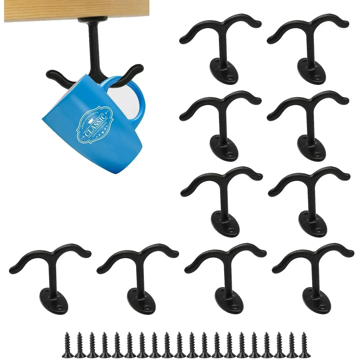 10 Pcs Zinc Alloy Ceiling Double Hook Cabinet Wardrobe Coat Towel Hat Hook Hooks Under Cabinet Shelf (Black)