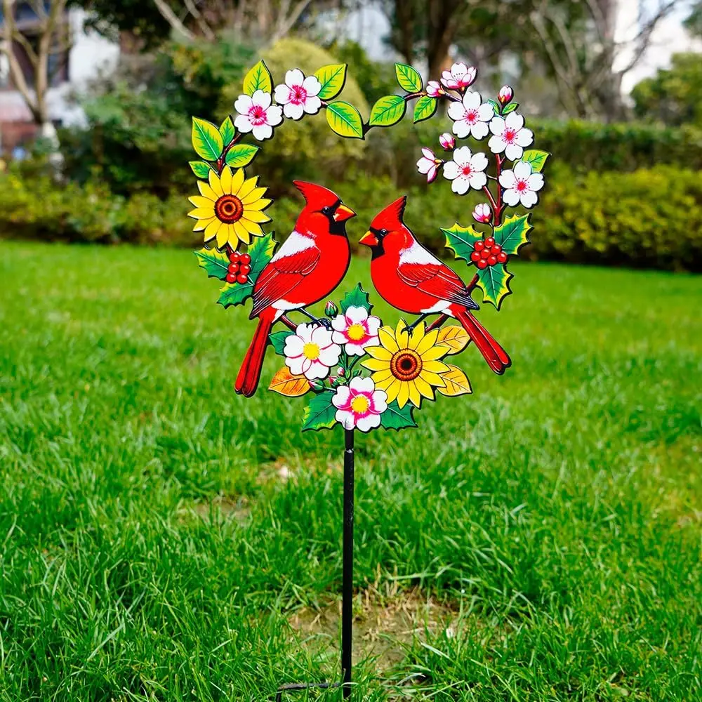 Decorative Garden Stakes Metal Red  - Heart Shaped Pair of Red Birds with  24 Inch Colorful Yard Decor, Outdoor Lawn Ornament( Couple)