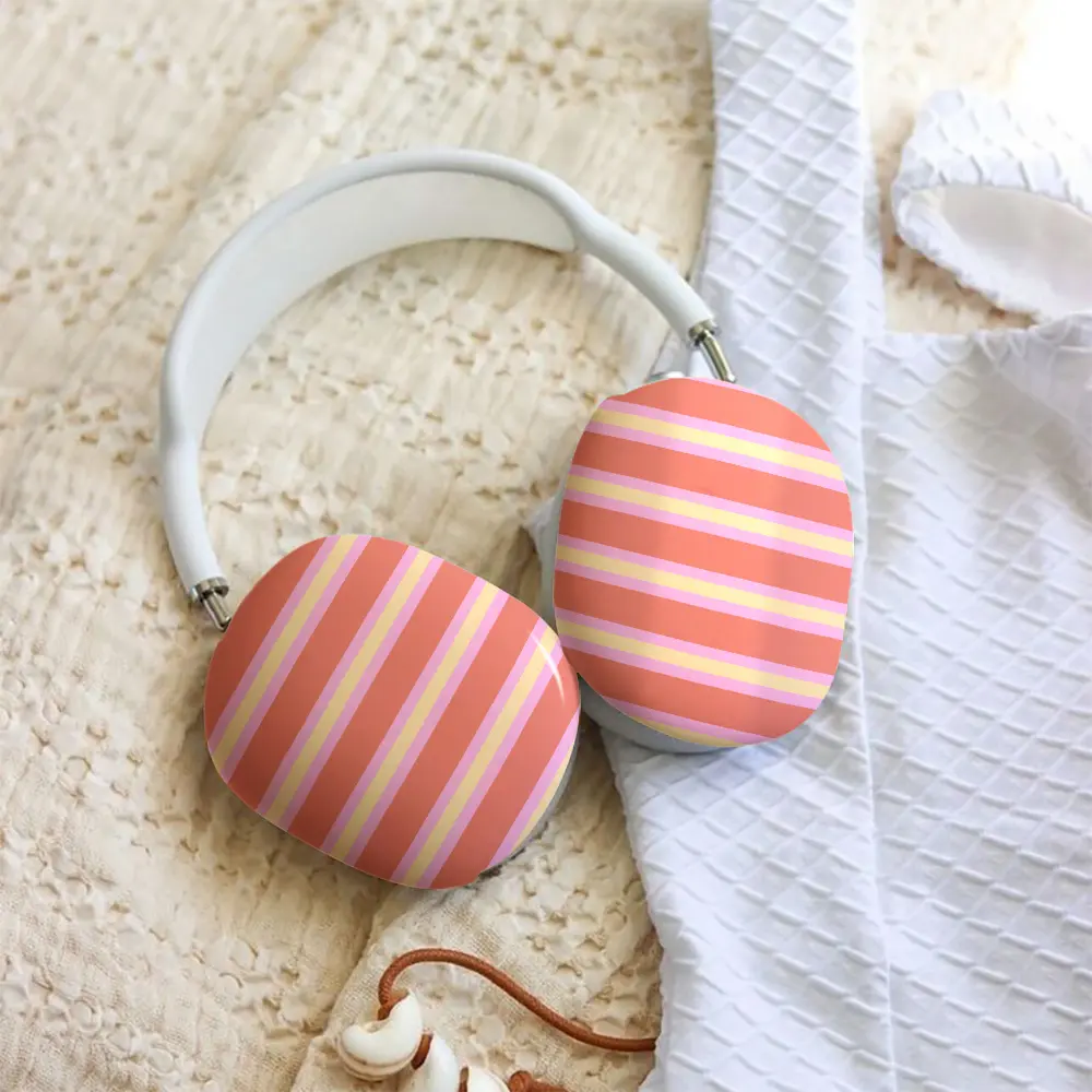 PBT Hard Shell Headphone Case for AirPods Max, Smooth Protective Cover, Fashion Caramel Cream Apricot Striped UV Printed Design, Compatible with AirPods Max 2