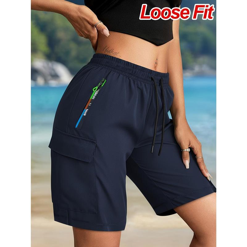 Women's Summer New Casual Army Cargo Pocket Shorts - Knee-Length, Drawstring Waist, Gradient Zipper Pocket, Lightweight, Breathable, Elastic, Loose Fit, Adjustable, Street Style, Outdoor & Daily Casual Wear Bottoms (Fit Design)