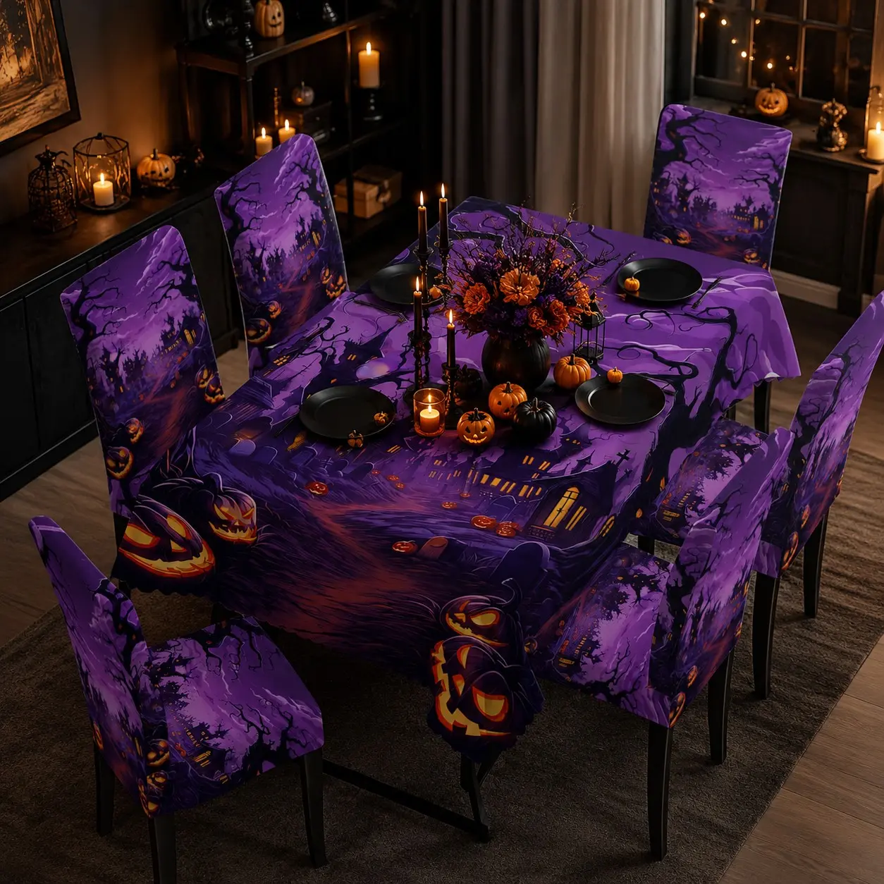 5/7 Pcs Spooky Haunted House Pumpkin Dead Tree Purple Halloween Print Tablecloth & Chair Cover Set, Horror Holiday Party Decor, Stretch Removable Washable Dining Chair Slipcover, For Halloween Parties, Family Gatherings & Household Table Decor