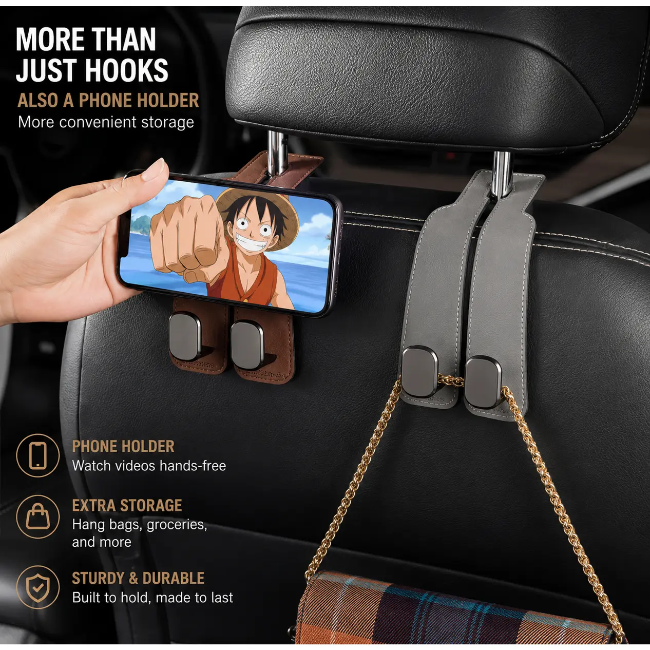 2 Pack Car Seat Headrest Hooks, Black & Brown, Multifunctional Dual Hooks with Phone Holder for Bags, Purses & Storage