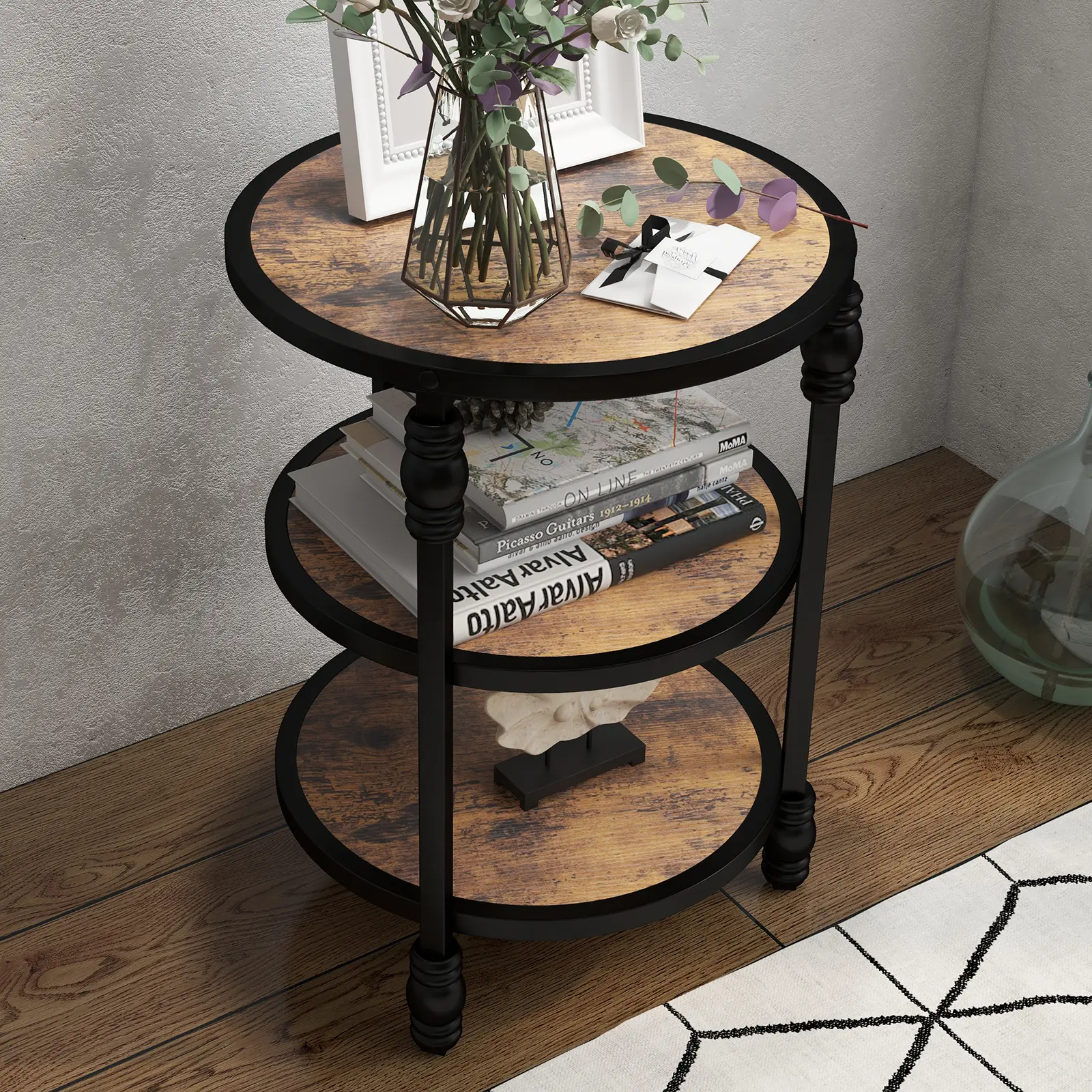 3-Tier Round Side Table, Living Room Accent Tables for Small Spaces, Small Corner Table with Storage Shelves, Sturdy Metal Legs, Industrial Round Night Stand for Bedroom, Brown