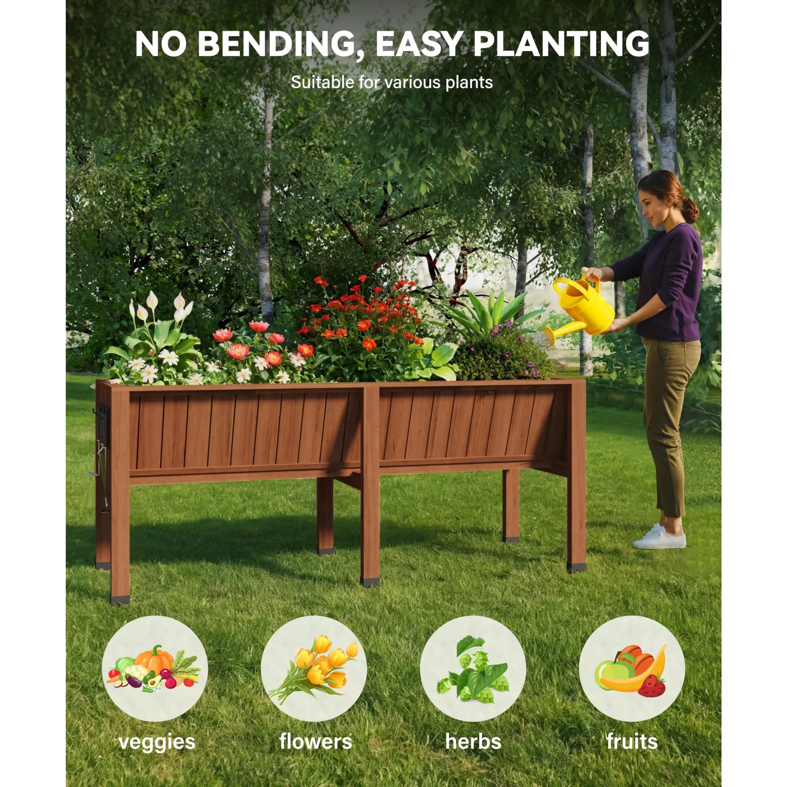 Garvee Elevated Wooden Raised Garden Bed with Legs & Tool Hooks, 45x23x30 in, 13.7 in Deep Planter Box for Vegetables, Herbs & Flowers, for Patio/Balcony/Backyard, Natural Wood, Elevated Planter Box, Wooden Garden Planter, Raised Planter Bed