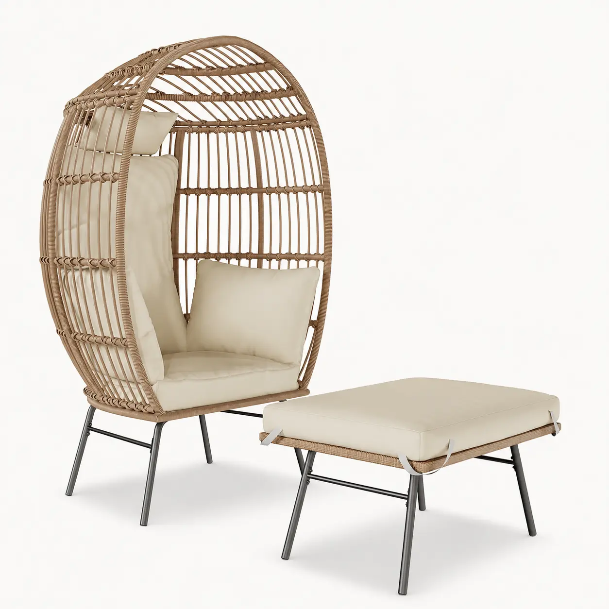 Garvee Oversized Wicker Egg Chair with Ottoman, Cushioned PE Rattan Patio Lounge Chair with 350 lb Capacity, Powder-Coated Steel Frame, Removable Covers, Indoor Outdoor Reading Chair for Balcony, Porch, Backyard, Garden, Living Room, Sunroom