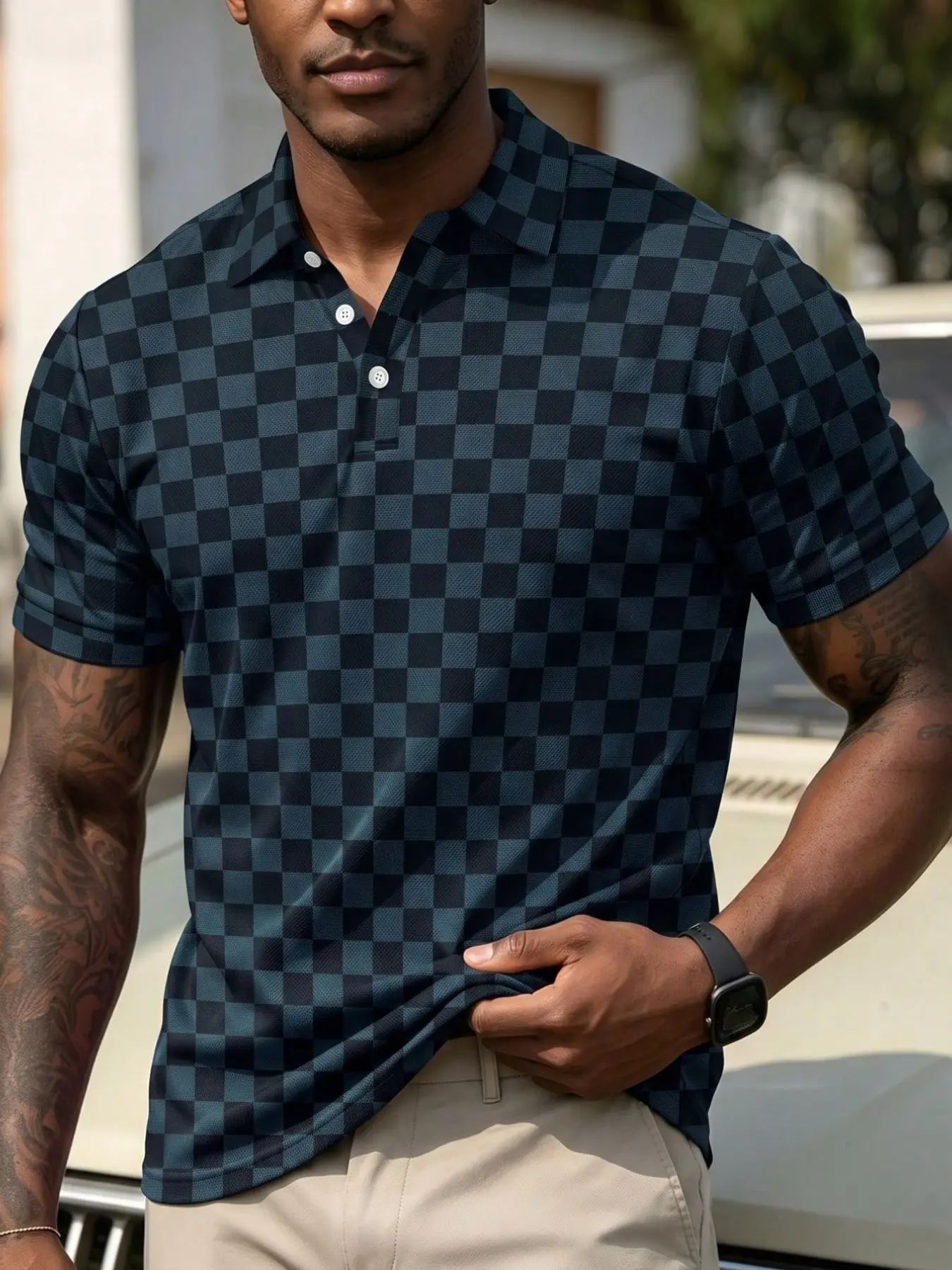 Men's Plaid Print Short Sleeve Polo Shirt, Turn-Down Collar Golf Casual Top, Stylish and Comfortable Men's Apparel for Outdoor Activities