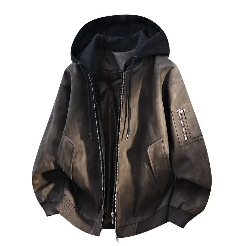 Men Autumn Winter Vintage Washed Brown Faux Two-Piece Hooded Bomber Jacket, Full Zip Up Drawstring Hood Outer Coat, Zipper Pocket Rib Hem Casual Cold Weather Outerwear # sohochic