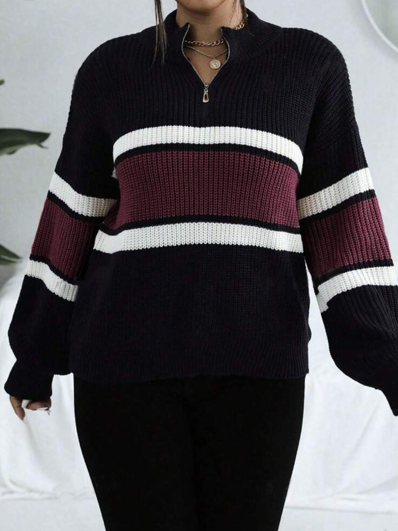Women's Colorblock Striped Print Half Zip Up Mock Neck Sweater Pullover Top, Casual Loose Drop Shoulder Long Sleeve Jumper, Women's Fall & Winter Knitwear For Daily Wear Fitted Lady Womenswear