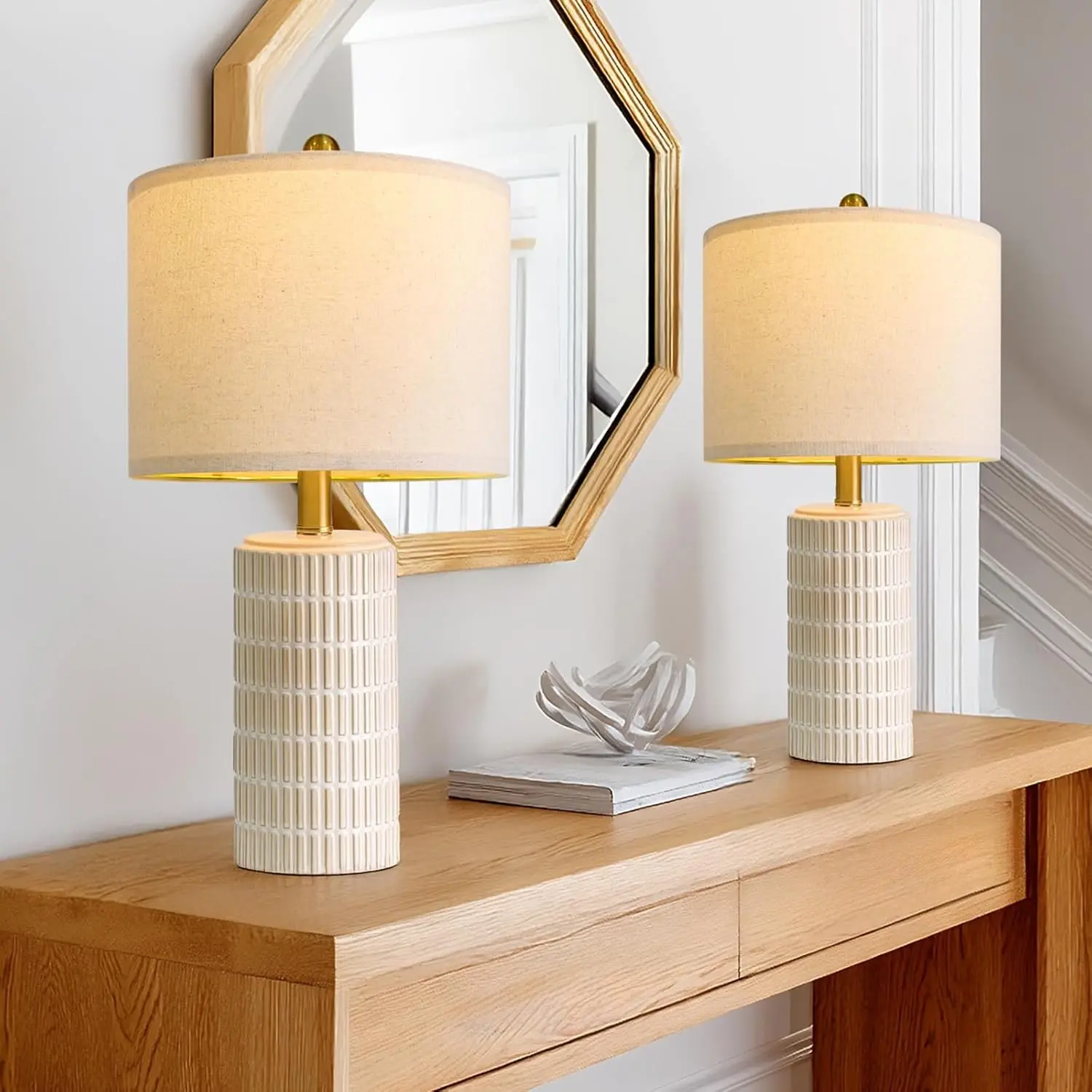 20.75" Small Modern Ceramic Table Lamps Set of 2 for Bedroom, White Bedside Lamps for Night Stands, Farmhouse Desk Decor Gift Nightstand Table Lamps for Living Room End Table Beige