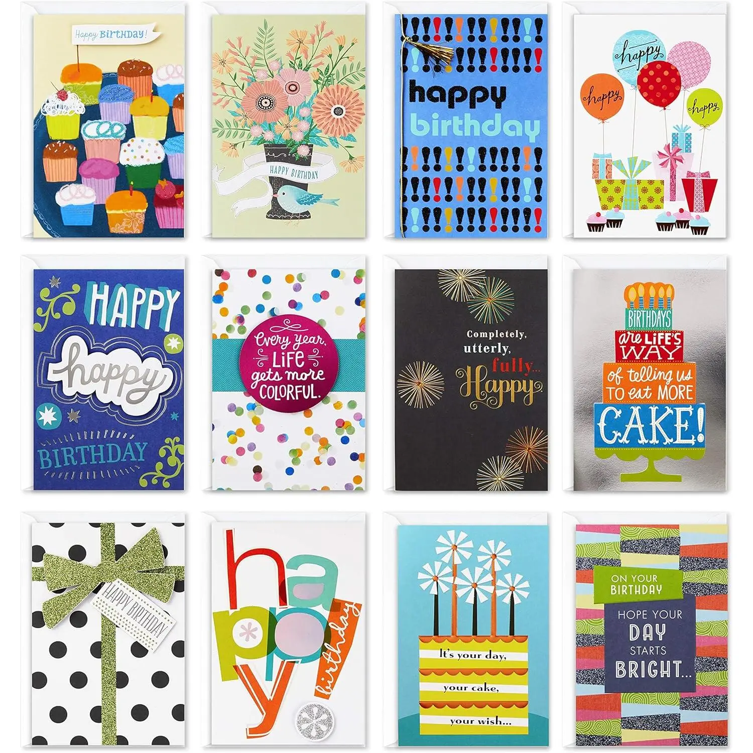 Birthday Greeting Cards Variety Pack, 12 Birthday Theme Cards with Matching Envelopes (Office Stationery Supplies)