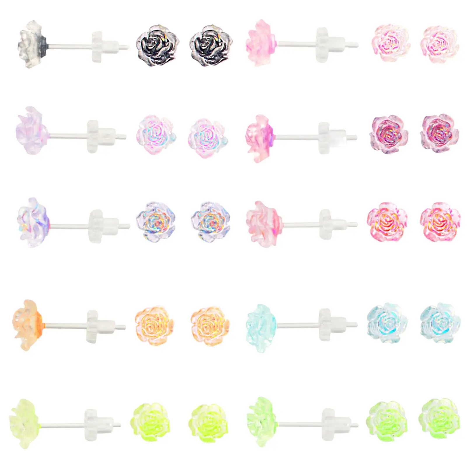 10 Pairs 8 mm 3D Plastic Resin Rose Stud Earrings Transparent Illusion Colored Earring Posts with Clear Earring Backs for Women Teens Sensitive Ears Sports Party Replacement