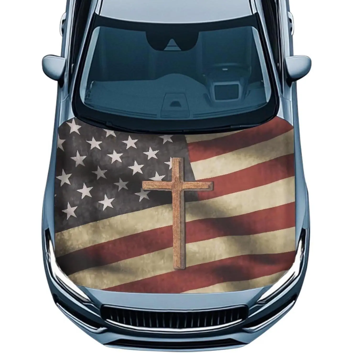 Yewatlles American Flag Cross Car Hood Cover Protector, Printed Hood Covers for Cars, for Most Sedans Small SUV Truck, Sun Rain Snow Ice Protective Hood Wrap Blanket, Auto Exterior Accessories