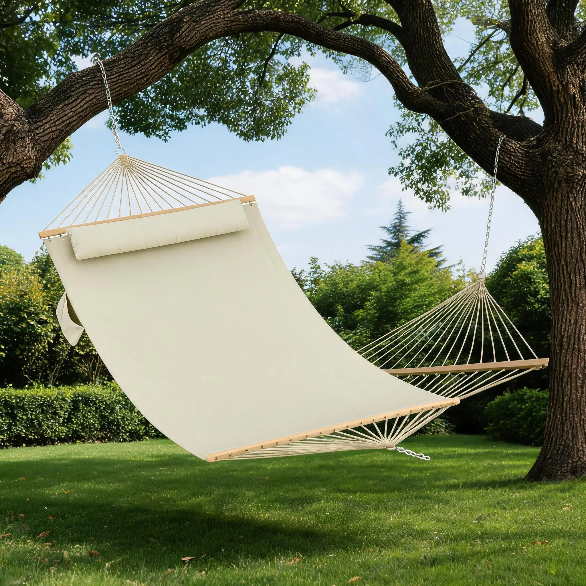 GARVEE Extra Large Double Quilted Hammock for 2 Adults - Wooden Spreader Bars, Detachable Pillow, Chains, 450lb Capacity, All-Weather Fabric, Quick Setup Fade Resistant Outdoor Patio Swing Bed