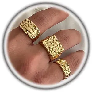 3Pcs Gold Chunky Knuckle Rings for Men,Punk Stackable Finger Rings Set,Hip Hop Harmmered Texture Statement Trendy Simple Jewelry