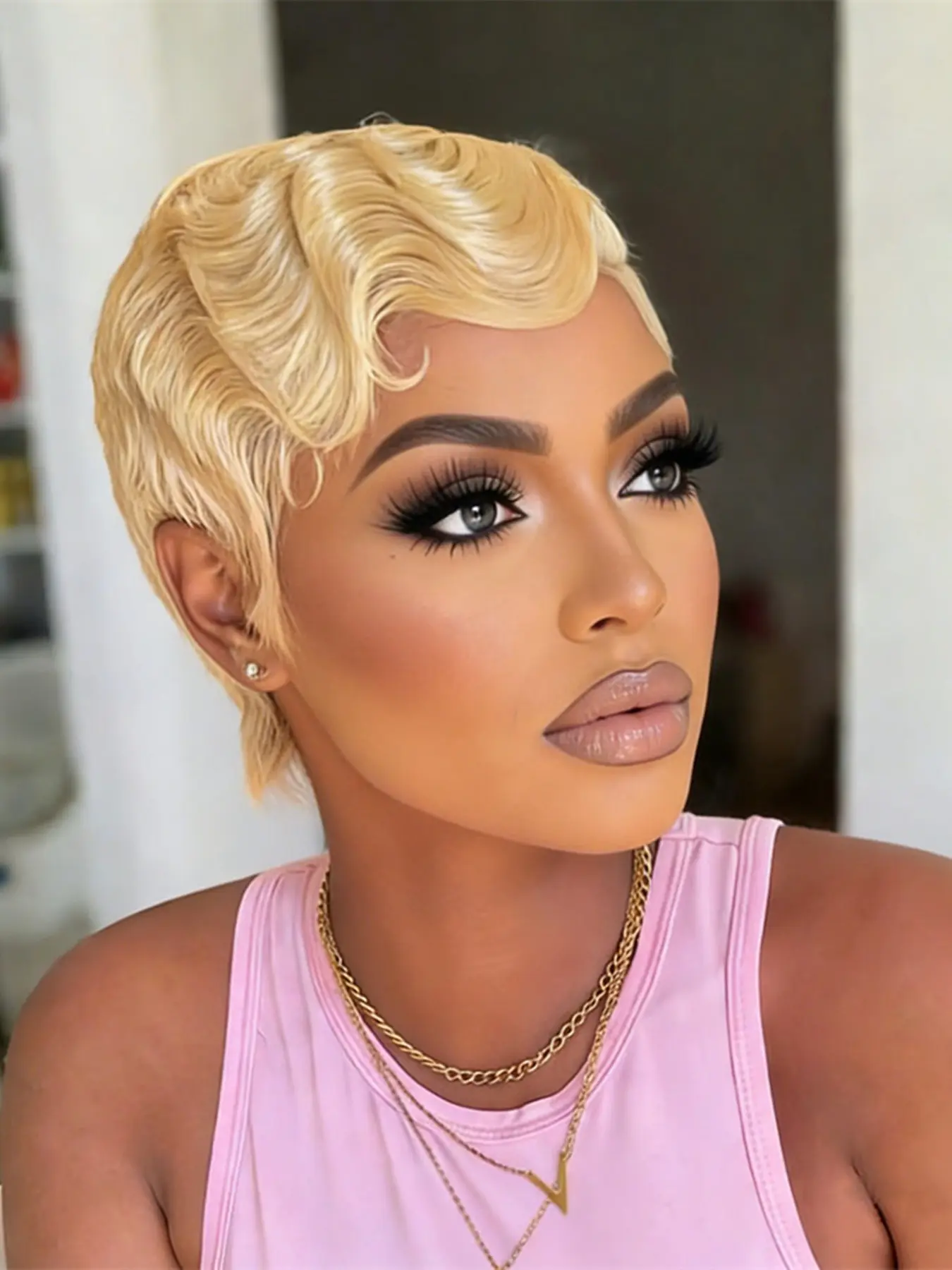 Women's Pixie Cut Short Finger Wave Human Hair Wig, Machine Made Daily Party Use Gift Wig, Stylish Blonde Color Wig