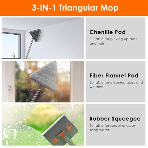 2 In 1 Baseboard Cleaner Mop Wall Cleaner Mop With Squeegee Extendable Long Handle 8 Reusable Fiber Flannel Chenille Mop Pads 360 °   Rotatable Convex Design-5161