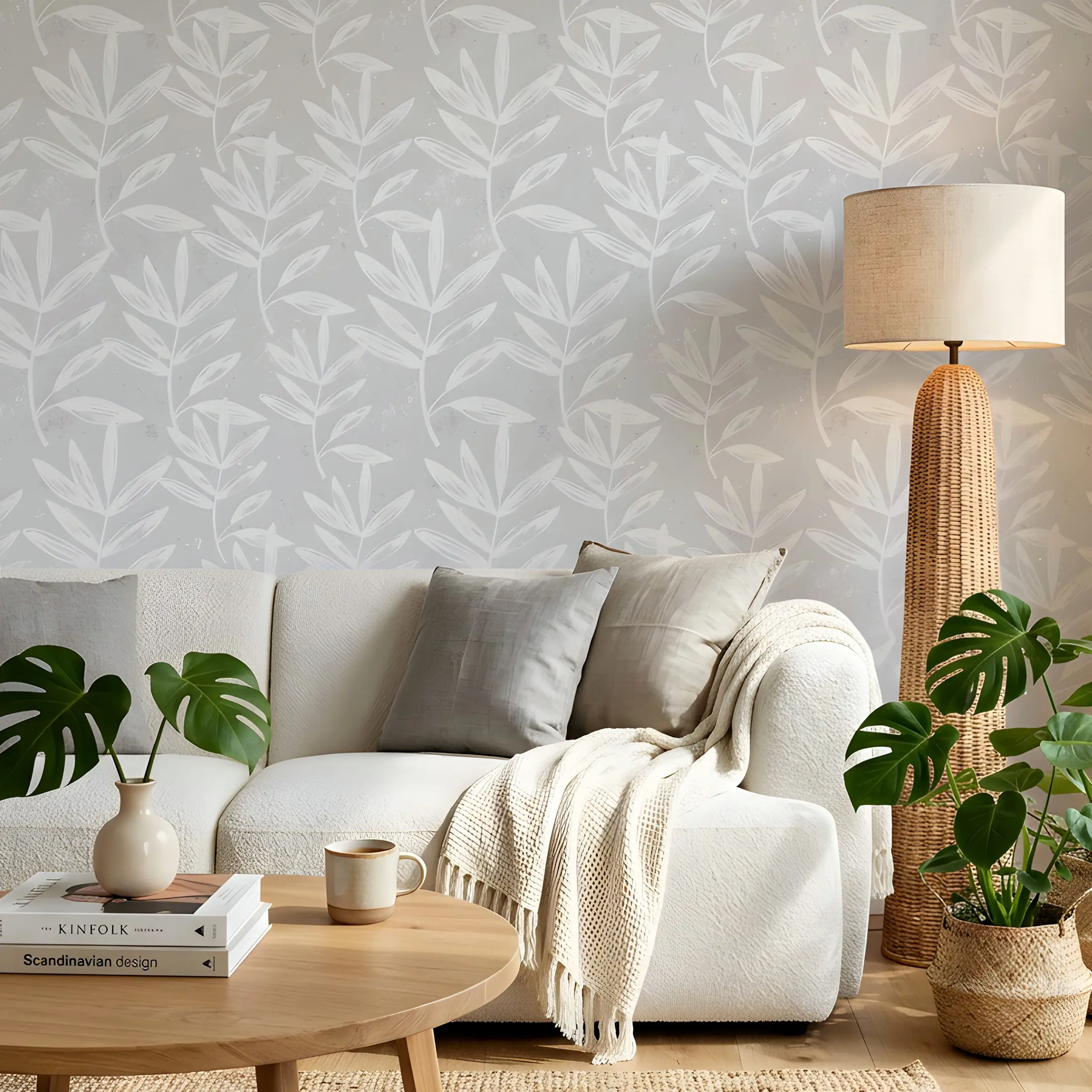 1 Roll 44.5cm/17.5in Width Light Grey White Leaf Wall Decals, Self-Adhesive Minimalist Nordic Wallpaper, Waterproof Furniture Renovation Stickers, Easy to Cut & Install Wall Decor, for Bedroom Living Room Bathroom Cabinet Home Decor